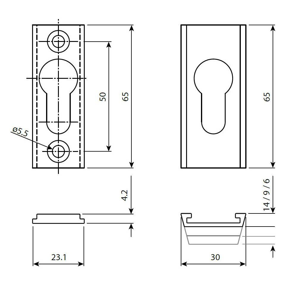 Entrée de cylindre rectangulaire en 2 parties PZ 3006 épaisseur 9mm