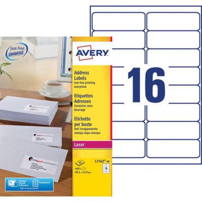Avery, Etiquettes d'adresse, 99.1x33.9mm, blanc, L7162-40