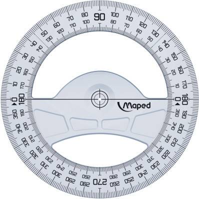 HYPERBURO  RAPPORTEUR MAPED GEOMETRIC CIRCULAIRE 360º DIAMETRE 12CM  PLASTIQUE RECYCLE COLORIS TRANSPARENT SACHET INDIVIDUEL