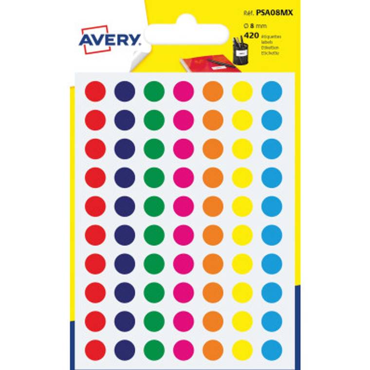 Avery PSA08MX etiquettes pastilles rondes, diamètre 8 mm, blister de 420  pièces, couleurs assorties