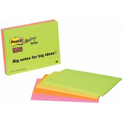 Post-it Super Sticky Meeting Notes, Pack de 4 Blocs, 45 Feuilles par Bloc,  203 mm x 152 mm, Vert, Rose, Jaune, Orange Couleurs - Notes Super Adhésives