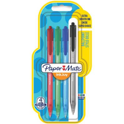 Paper Mate stylo bille InkJoy 100 RT, blister de 4 pièces en couleurs  assorties