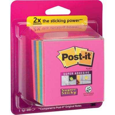 Cube de 440 feuilles de notes post-it super sticky 76 x 76 mm couleurs :  rose, bleu océan, jaune et bleu pervenche