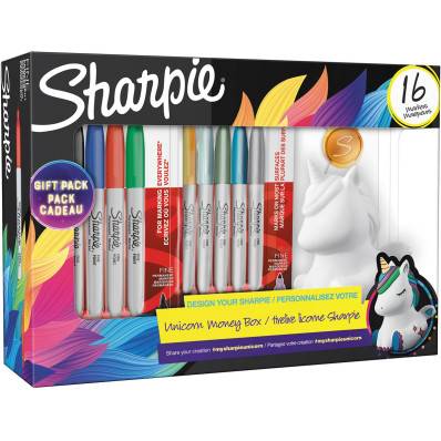 Sharpie marqueur permanente, boîte cadeau licorne, pointe fine, boîte de 16  pièces en couleurs assorties