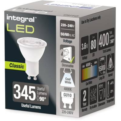 Integral spot LED GU10, dimmable, 4.000 K, 3,6 W, 400 lumens