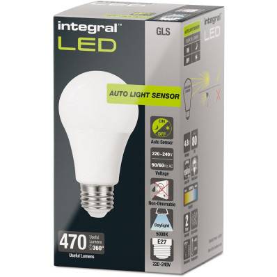 Integral lampe LED E27 Classic Globe, capteur jour/nuit, non dimmable,  5.000 K, 4,8 W, 470 lumens