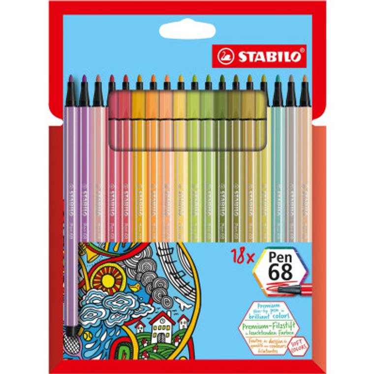 STABILO Pen 68 feutre, étui en carton de 18 pièces en couleurs douces  assorties