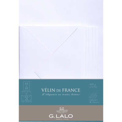 10 feuilles A5 et 5 enveloppes C6 - Vergé de France Blanc - G. Lalo