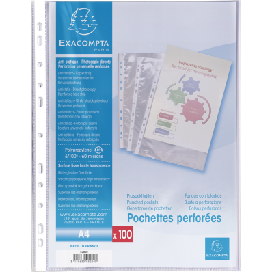Sachet de 100 pochettes perforées polypropylène lisse 5/100e - A4./ Pce