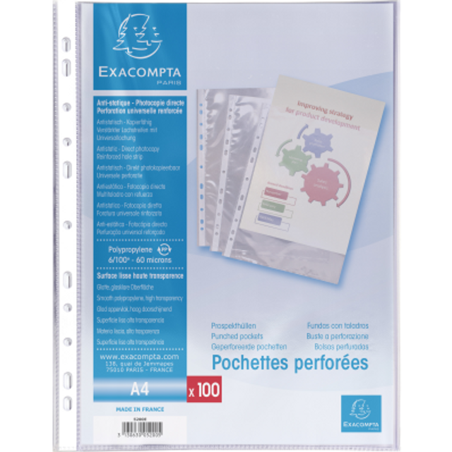 Sachet de 100 pochettes perforées polypropylène lisse 5/100e - A4./ Pce
