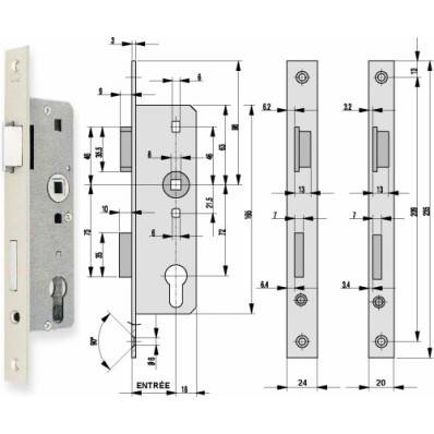 Serrure Euro72 frontal 18 mm bord rond avec clé pour porte