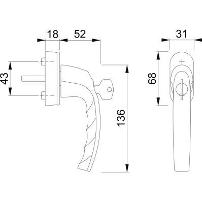 Poignée de fenêtre inox à clé TBT forme L90° (carré 7 - L=24/31/36/42mm)