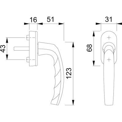 Poignée de fenêtre inox à clé TBT forme L90° (carré 7 - L=24/31/36/42mm)