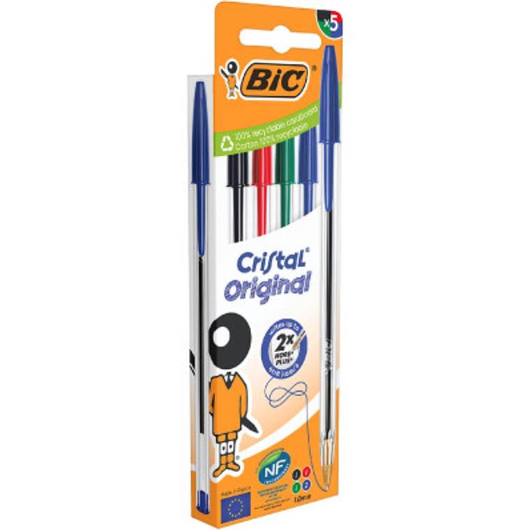 Bic Cristal stylo bille, medium, blister de 5 pièces: noir, rouge, vert et  2 x bleu
